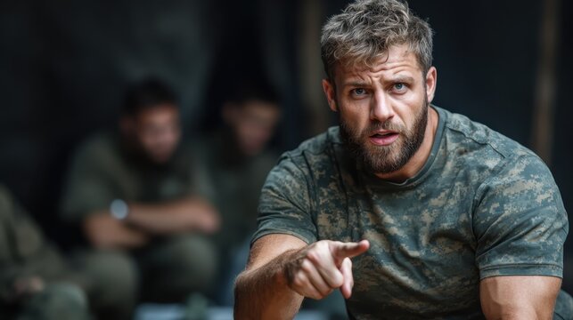 A focused soldier, wearing a sleek camouflage shirt, uses assertive body language to directly instruct trainees in an intense military learning setting.