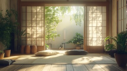 Serene Japandi-inspired living room with tatami mats, sliding wooden panels, and potted plants for a natural, balanced vibe -