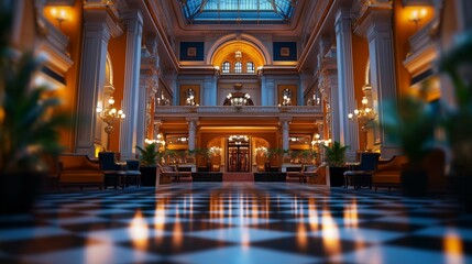 Obraz premium Opulent Royal Palace Lobby with Chandeliers, Marble Flooring, and Lavish Decor