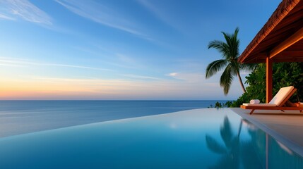 Fototapeta premium Luxury Infinity Pool Overlooking Ocean at Sunset with Palm Tree and Lounge Chair