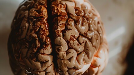 Close-up of a human brain model displaying visible signs of aging with wrinkles and texture changes, ideal for educational and medical presentations, with ample white background copy space for text ov