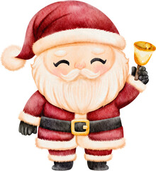 Watercolor Santa Claus cartoon character holding gold bell