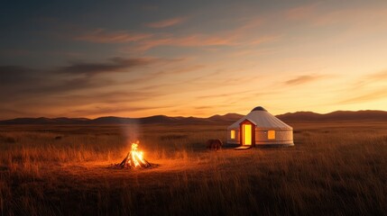 A serene scene with a yurt and a glowing campfire gently illuminating the surrounding open fields under a colorful, star-filled evening sky in a tranquil landscape.