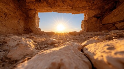 A stunning view of the sun setting through a rugged ancient stone window, casting a warm and inviting glow across the rocky foreground in a serene landscape.