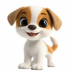 A cute 3D cartoon puppy happily holding a bone with a cheerful smile, featuring a brown and white fur coat, playful ears, and a wagging tail, isolated on a white background