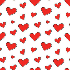 Playful, romantic seamless pattern with a scattered arrangement of hand-drawn red hearts on a white background. Dynamic and energetic design with hearts vary in size and orientation.