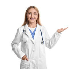 Doctor with stethoscope showing something on white background