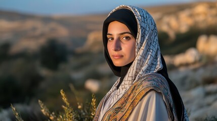 Serene Palestinian Woman in Traditional Thobe Against Mystical Ancient Landscape at Dusk