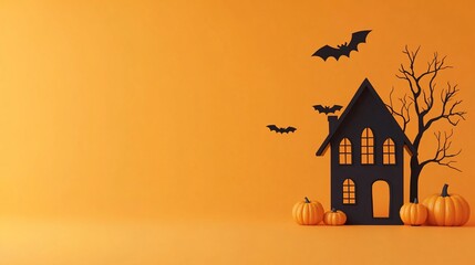 A black paper silhouette of a haunted house with bats, a bare tree, and pumpkins on an orange background.