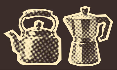 moka pot and a teapot, vintage halftone photocopy effect illustration