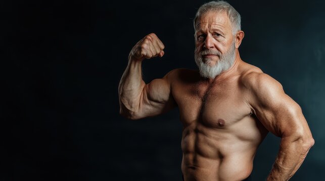 Elderly man confidently flexes his muscles, showcasing remarkable strength, fitness, and vitality. His expression exudes determination and robustness, portraying aging gracefully.