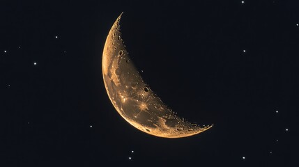 Golden Crescent Moon Against Starry Night Sky