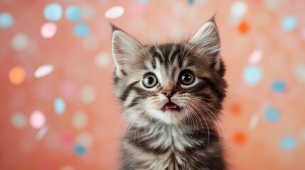 Fototapeta premium fluffy grey tabby kitten on background with confetti