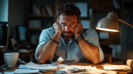 A distressed man sits at a cluttered desk, overwhelmed by a scattering of papers, underlining the stress and pressure of administrative work in a dimly lit room.