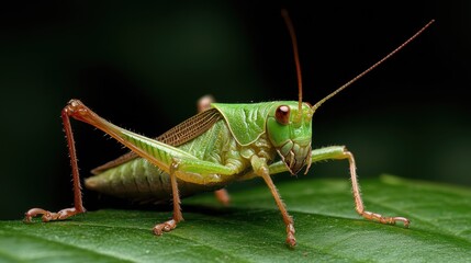 Fototapeta premium This detailed photo showcases a grasshopper resting on a textured leaf, expressing a sense of balance and harmony within the natural world.