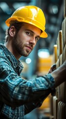 Worker in yellow helmet manages inventory in storage facility.