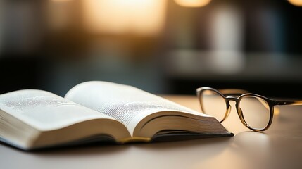 Open Book with Reading Glasses in Soft Focus Lighting, Ideal for Study Background