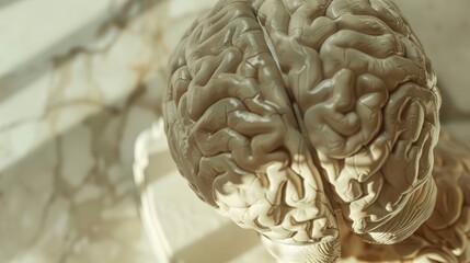 Close-up of a human brain model displaying visible signs of aging with wrinkles and texture changes, ideal for educational and medical presentations, with ample white background copy space for text ov