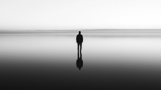 Silhouette of man standing alone on a lake with reflection in the water. Minimalist black and white photo, solitude, reflection