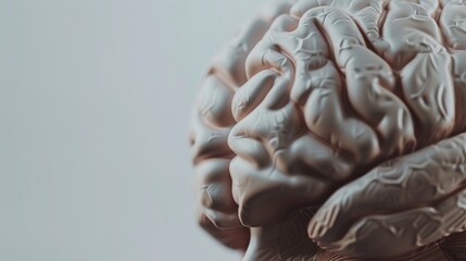 Close-up of a human brain model displaying visible signs of aging with wrinkles and texture changes, ideal for educational and medical presentations, with ample white background copy space for text ov