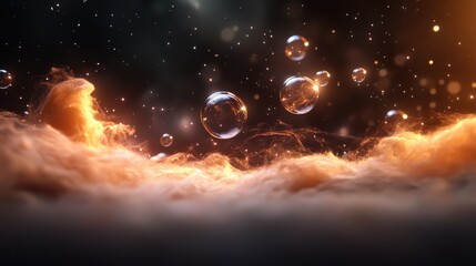 A mesmerizing abstract design featuring glowing orbs among swirling mist and cosmic elements, highlighting a blend of celestial and ethereal concepts against a dark backdrop.