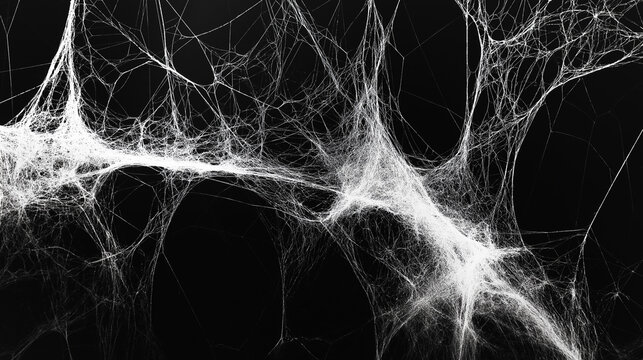 Close up of white spider web against black background. Macro photography of intricate cobweb detail.