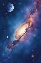 Naklejka premium A cartoon parade of colorful planets against the background of outer space. Vertical image. Wallpaper, screensaver, background, print