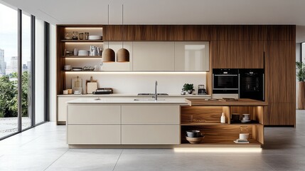 Modern Kitchen with Island, White Cabinets, and Wood Accents