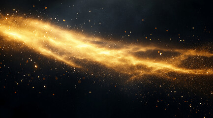 A beam of golden light shines on the black background, with scattered small particles and dust within it. The rays form an intricate pattern that adds depth to the design. This bac