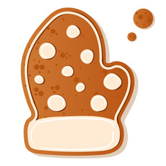 Illustration of a gingerbread mitten cookie decorated with white frosting dots, perfect for holiday themes and Christmas baking. Gingerbread cookie. New Year Christmas
