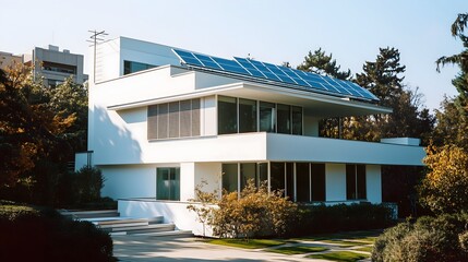 White Modern House With Solar Panels, Modern Architecture, Sustainable, Urban Setting, Solar Photography