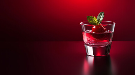 Close up of a cherry and mint garnish in a shot glass with red liquid and ice cubes on a red background