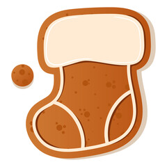 Illustration of a gingerbread Stocking decorated with white frosting dots, perfect for holiday themes and Christmas baking. Gingerbread cookie. New Year Christmas
