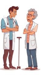 Image depicts worried male doctor and angry elderly patient with crossed arms. Doctor wears lab coat, patient in white coat.