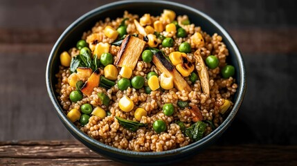 Fototapeta premium Bowl of cooked wheat berries mixed with grilled corn, green peas, roasted zucchini, and saut꧃攀搀 猀瀀椀渀愀挀栀 昀漀爀 愀 栀攀愀氀琀栀礀 瘀攀最攀琀愀爀椀愀渀 搀椀猀栀�