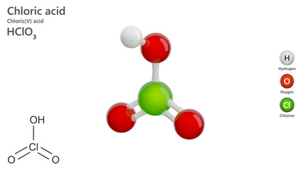 Molecule: Chloric Acid. Molecular structure. Formula: HClO3. Chemical model: Ball and stick. White background. 3D illustration.