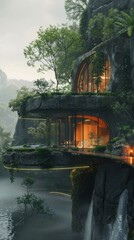 A glass house in a cliffside forest with unique round windows and an antler-shaped lamp. Blend with nature, serene vibe, misty and mystical ambiance.