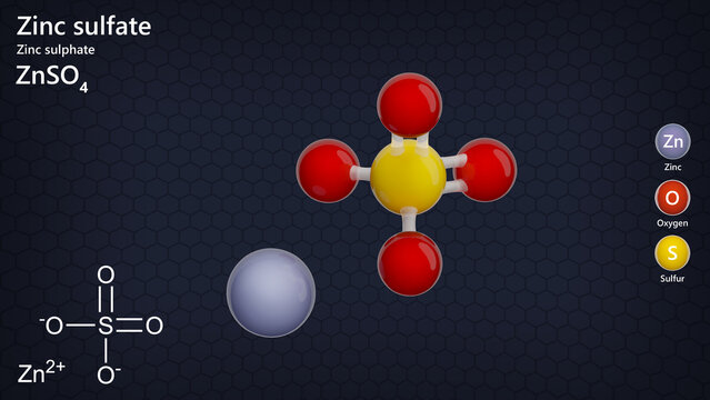 Molecule: Zinc Sulfate. Molecular structure. Formula: ZnSO4. Chemical model: Ball and stick. Dark background. 3D illustration.