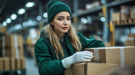 Female workers in green uniforms and white gloves packaging boxes at a warehouse, 