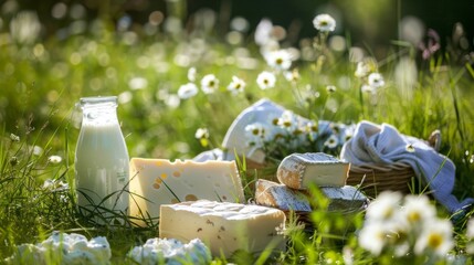 Picnic with artisanal cheeses, milk, and a baguette on a blanket in a sunny field of daisies, creating a serene outdoor dining experience.