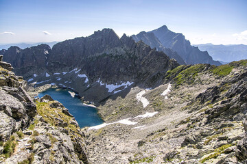 Beautiful Vysne Wahlenbergovo pleso, Krivan in Furkotska dolina view from Bystre sedlo in Slovakian high Tatra mountains. Summer panorama with great weather and blue sky © Mareks