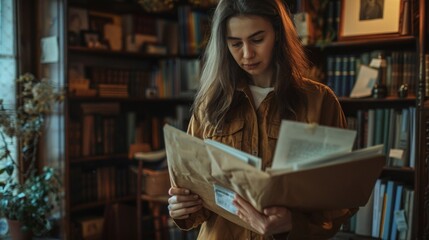A serene image of a young woman in a yellow shirt absorbed in reading by a bookshelf. The setting exudes a peaceful scholarly vibe with no distractions.