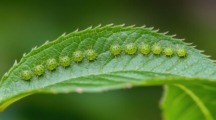 Fototapeta premium Cluster of Green Insects on Leaf Surface