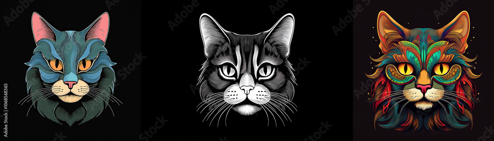 Poster three stylized cat heads, each with unique colors and designs.