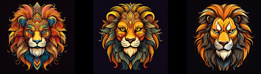 Obraz premium Three lion heads, each with different intricate colorful designs, against a dark background.