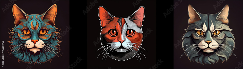 Poster three detailed, colorful cat portraits with various coat patterns and a dark background.