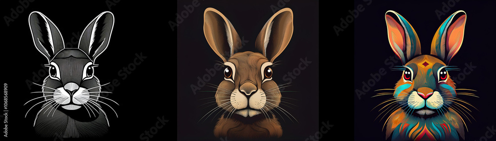 Aufkleber three rabbits with different color palettes, one grey, one brown, and one with colorful patterns.