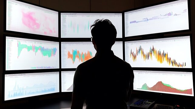 Silhouette of a Person Analyzing Multiple Data Visualizations on Computer Screens