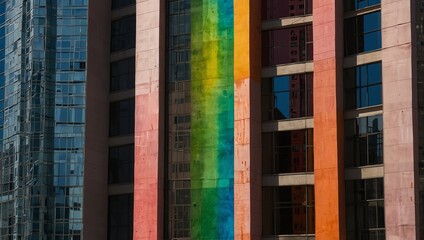 Fototapeta premium windows of a building , A tall building with colorful vertical stripes, including a rainbow, and many windows. Buildings are next to it.
