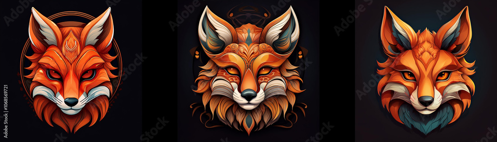 Aufkleber Three fox heads with different artistic styles are displayed against a dark background.